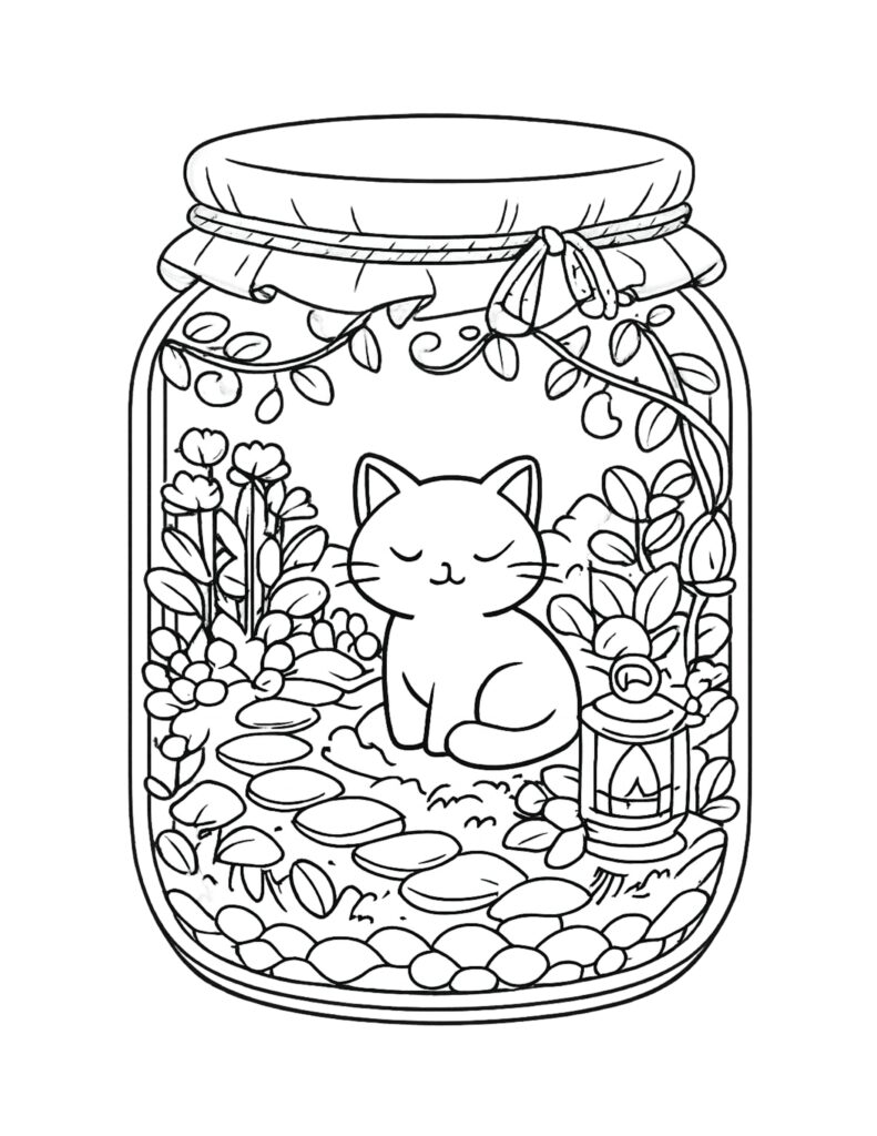 sleepy cat in jar garden coloring page with stepping stones, flowers, and a lantern coloring page