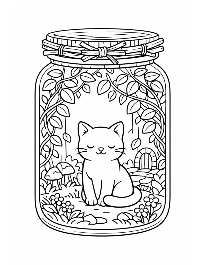 sleepy cat in vine jar coloring page with hanging vines, mushrooms, flowers, and a tiny arched door coloring page