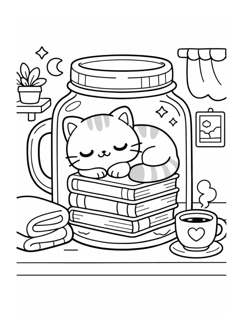 sleepy cat on book stack coloring page inside a jar with moon, sparkles, blanket, and a steaming cup coloring page