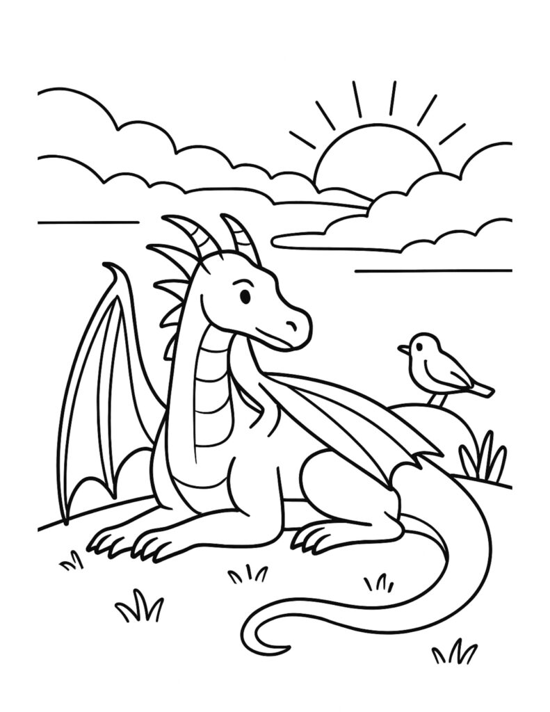 sleepy dragon with bird friend coloring page, resting under a sunny sky coloring page