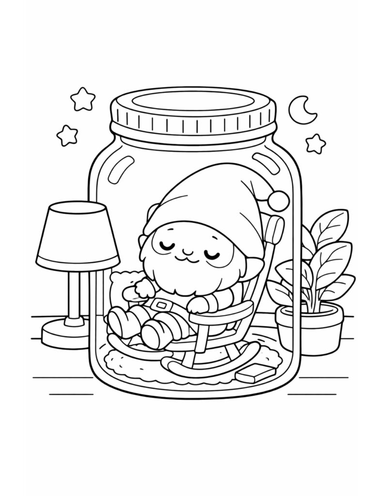 sleepy gnome in a jar coloring page line art, rocking chair and night stars coloring page