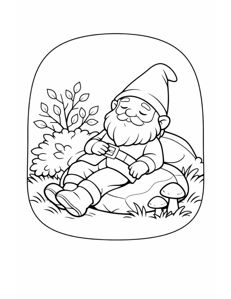sleepy gnome resting on rock coloring page, peaceful gnome lounging by bushes and small mushrooms coloring page