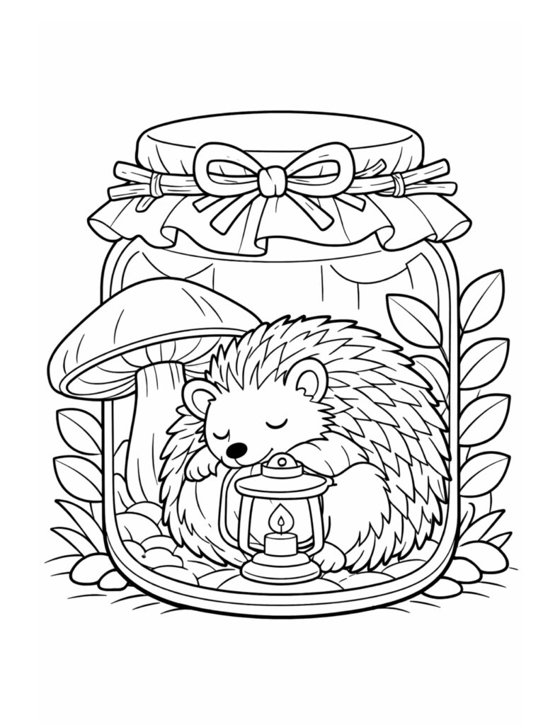 sleepy hedgehog in a jar coloring page with a tiny lantern, mushroom, pebbles, leaves, and a ribbon lid