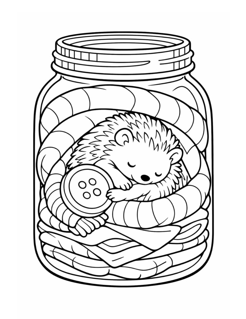 sleepy hedgehog in a jar coloring page curled on a striped blanket holding a button, coloring page