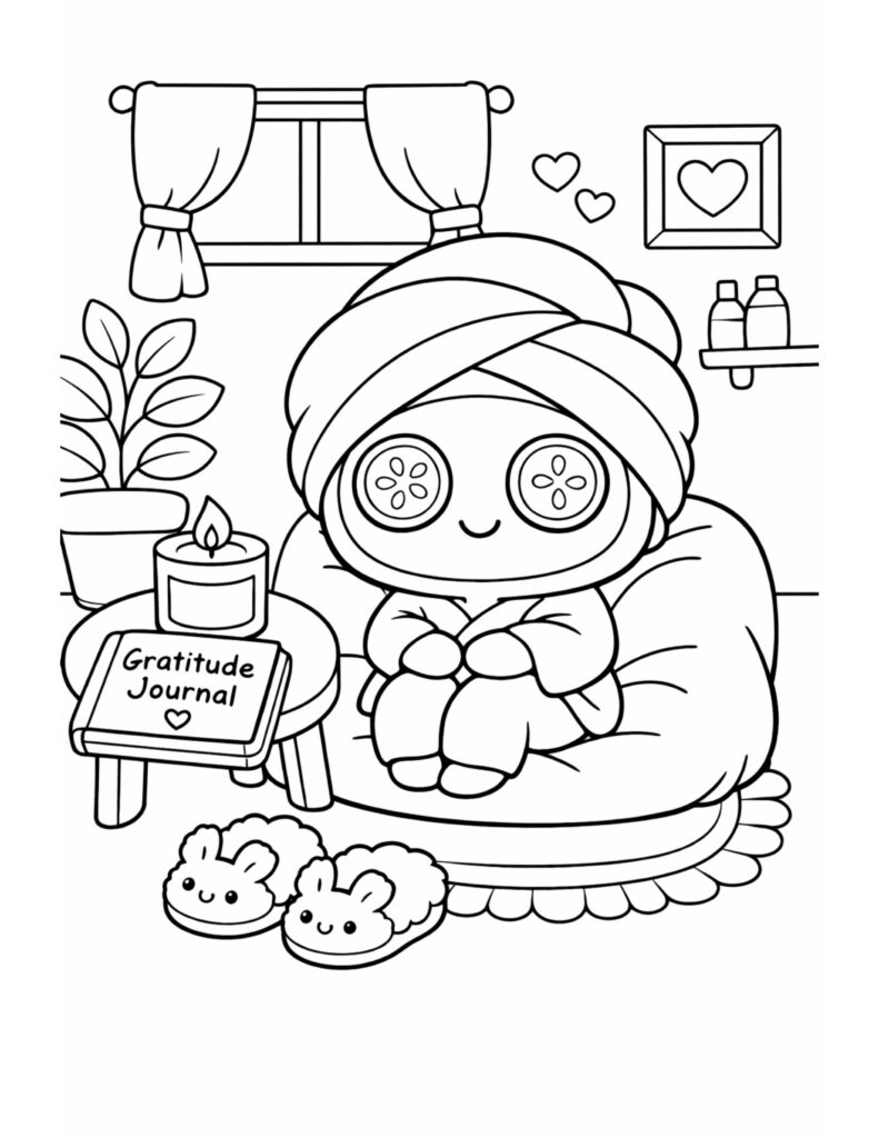 spa day with cucumber eyes coloring page, cute character relaxing on a beanbag with candle and gratitude journal coloring page