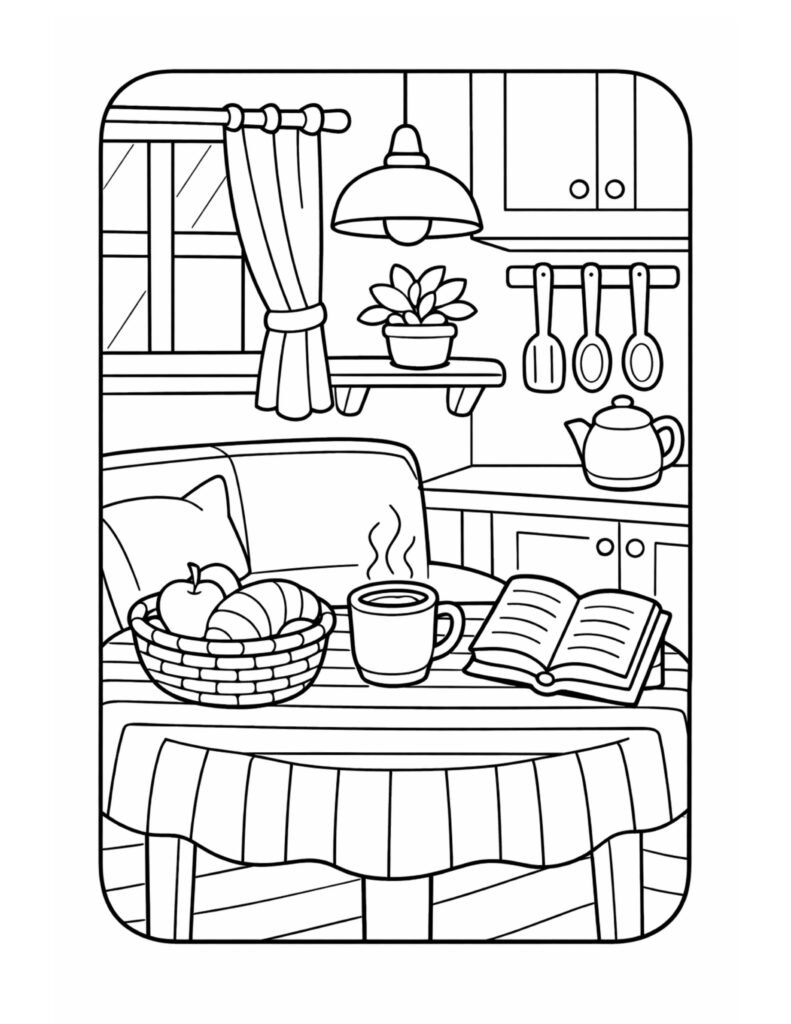 steaming mug and open book coloring page with a cozy table, fruit basket, teapot, and window curtains coloring page