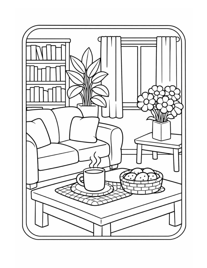 steaming mug on coffee table coloring page in a cozy living room with sofa, bookshelf, and flowers coloring page