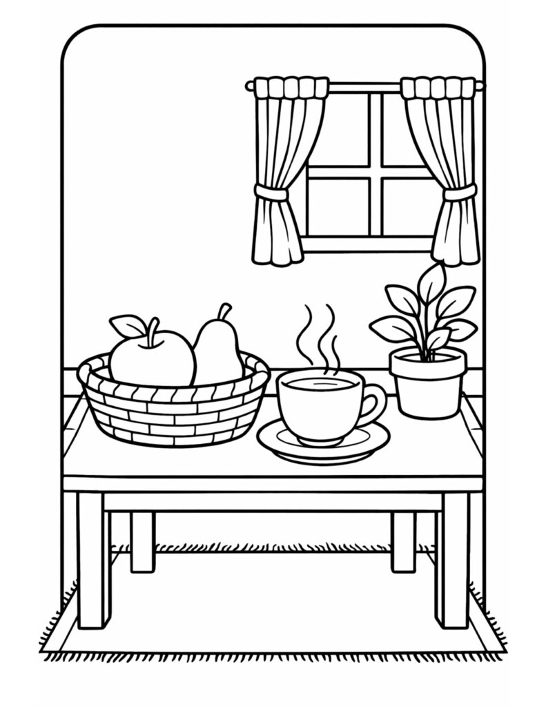 steaming mug on window table coloring page with a fruit basket, potted plant, and curtains