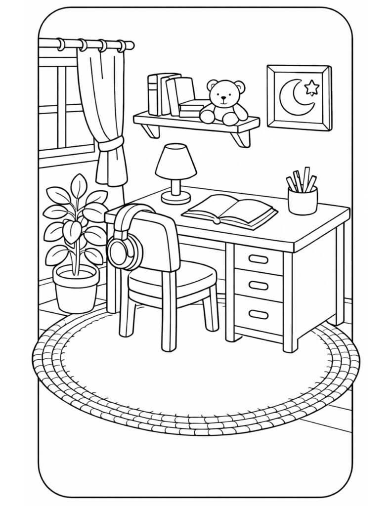 study desk with teddy bear coloring page with desk lamp, headphones, books, and plant coloring page