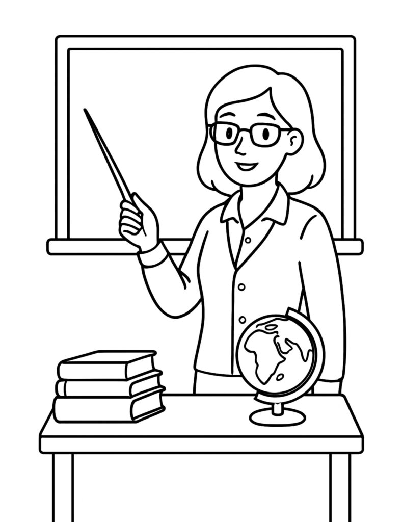 teacher pointing at chalkboard coloring page with a smiling teacher, books, and a globe coloring page