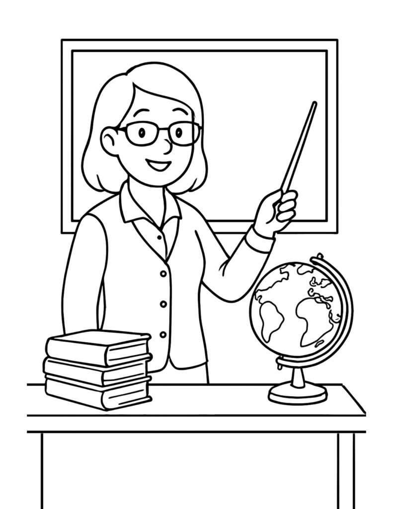 teacher pointing at classroom board coloring page with a smiling teacher, globe on desk, and stacked books coloring page