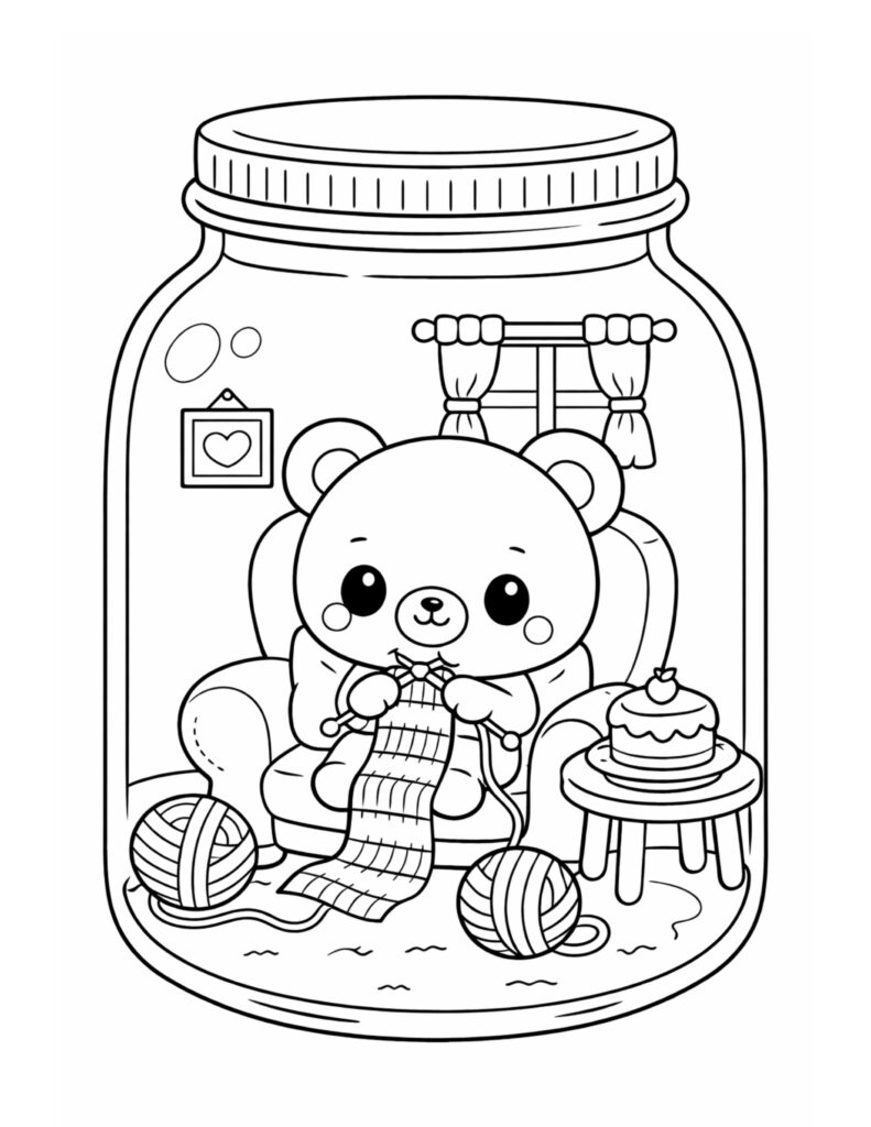 teddy bear knitting in jar coloring page with yarn balls, armchair, and cake table coloring page