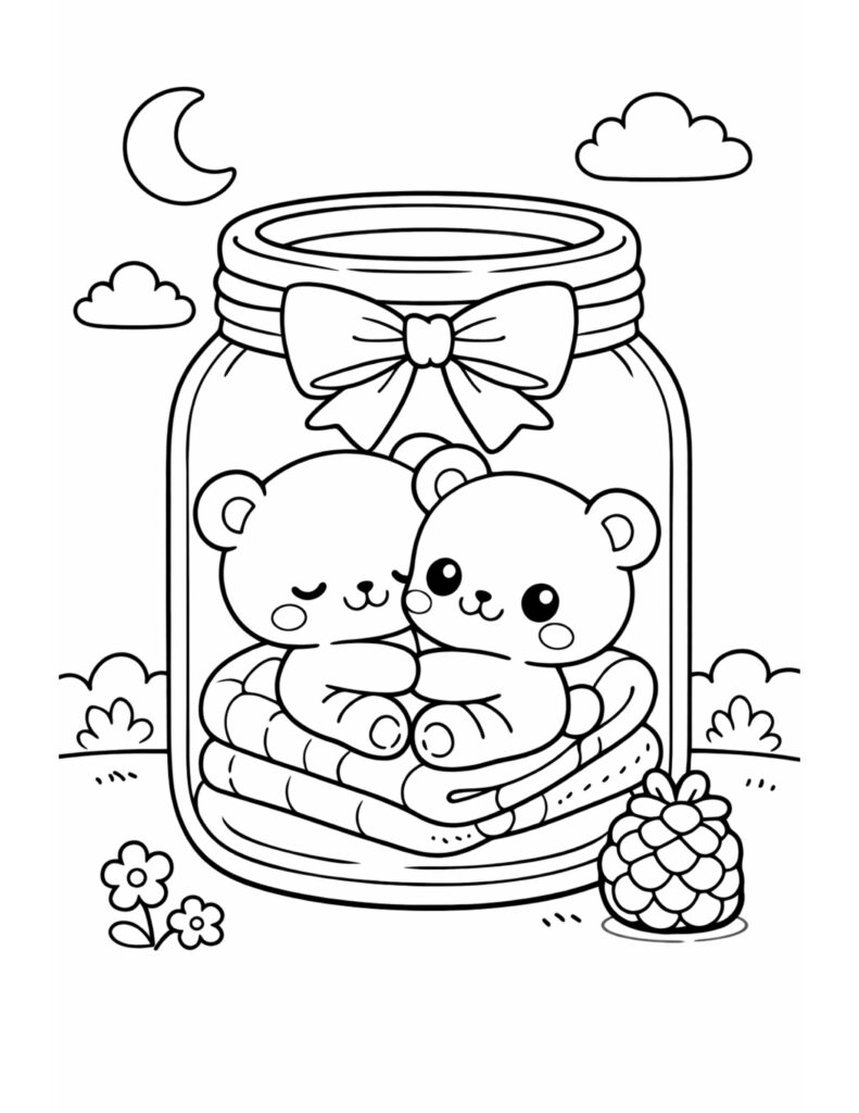 teddy bears cuddling in jar coloring page with bow, moon, and clouds coloring page