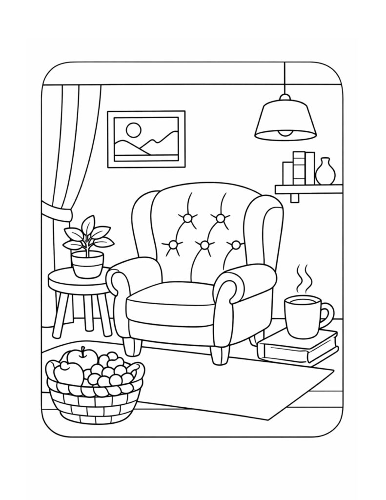 tufted armchair with steaming mug coloring page featuring a fruit basket, plant, lamp, and books in a cozy room coloring page