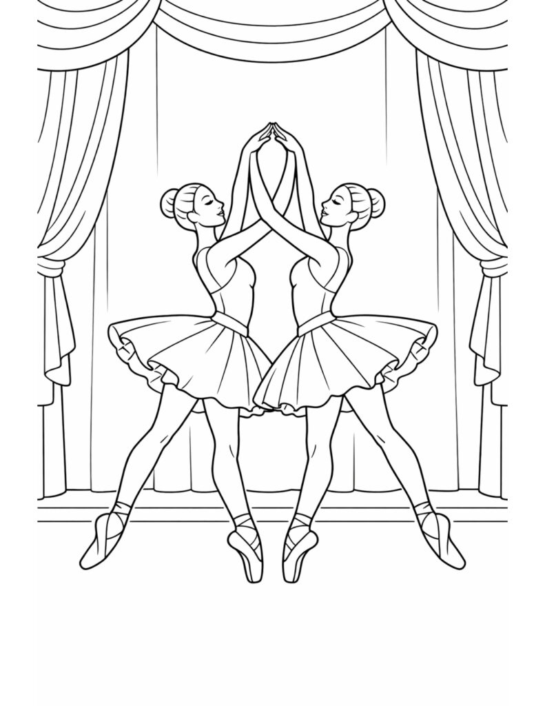 twin ballerinas on stage pose coloring page featuring two mirrored ballet dancers under curtains coloring page