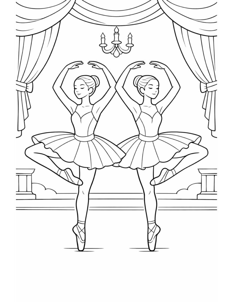 twin ballerinas under chandelier pose coloring page with two dancers framed by stage curtains coloring page
