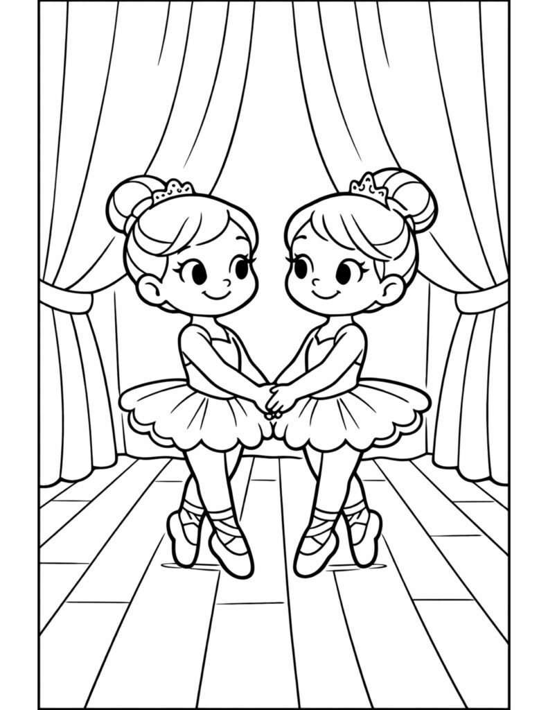 two ballerinas holding hands coloring page, sweet stage duo under tall curtains coloring page