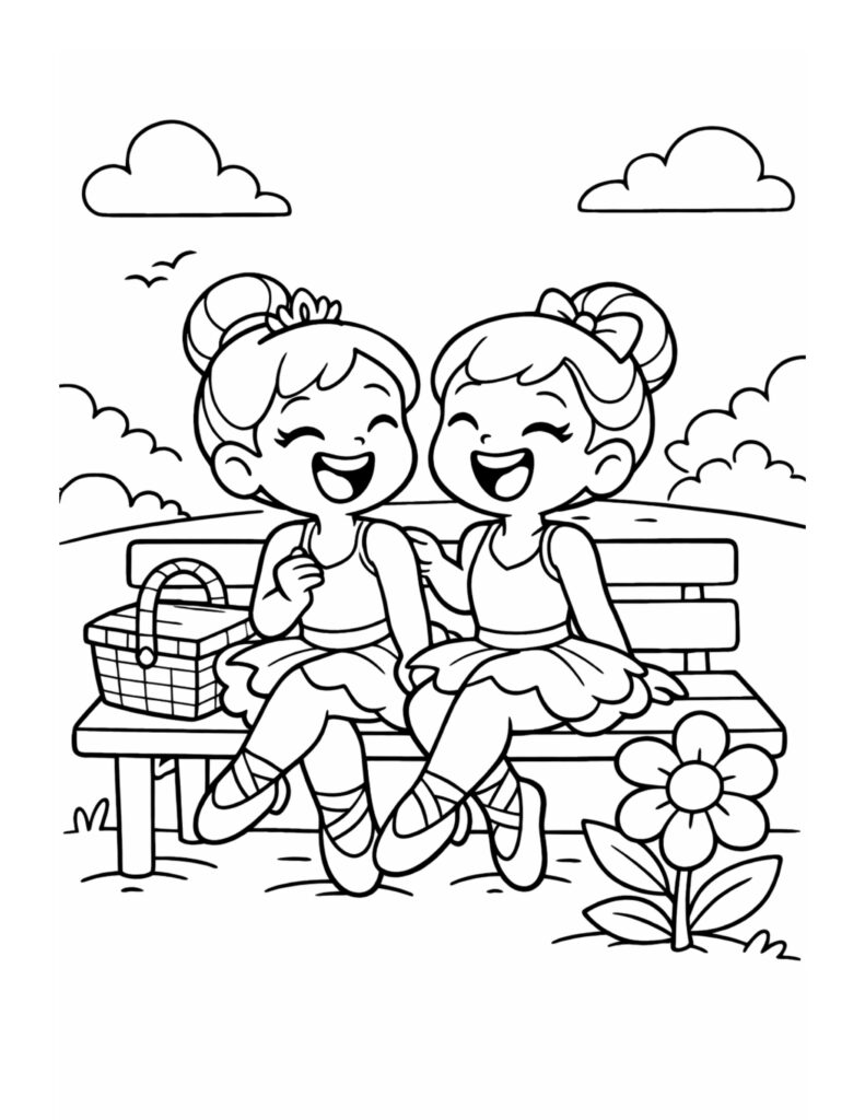 two ballerinas laughing on bench coloring page with a picnic basket, clouds, and a big flower coloring page