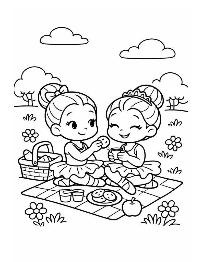 two ballerinas picnic blanket coloring page featuring cookies, basket, and flowers outdoors coloring page