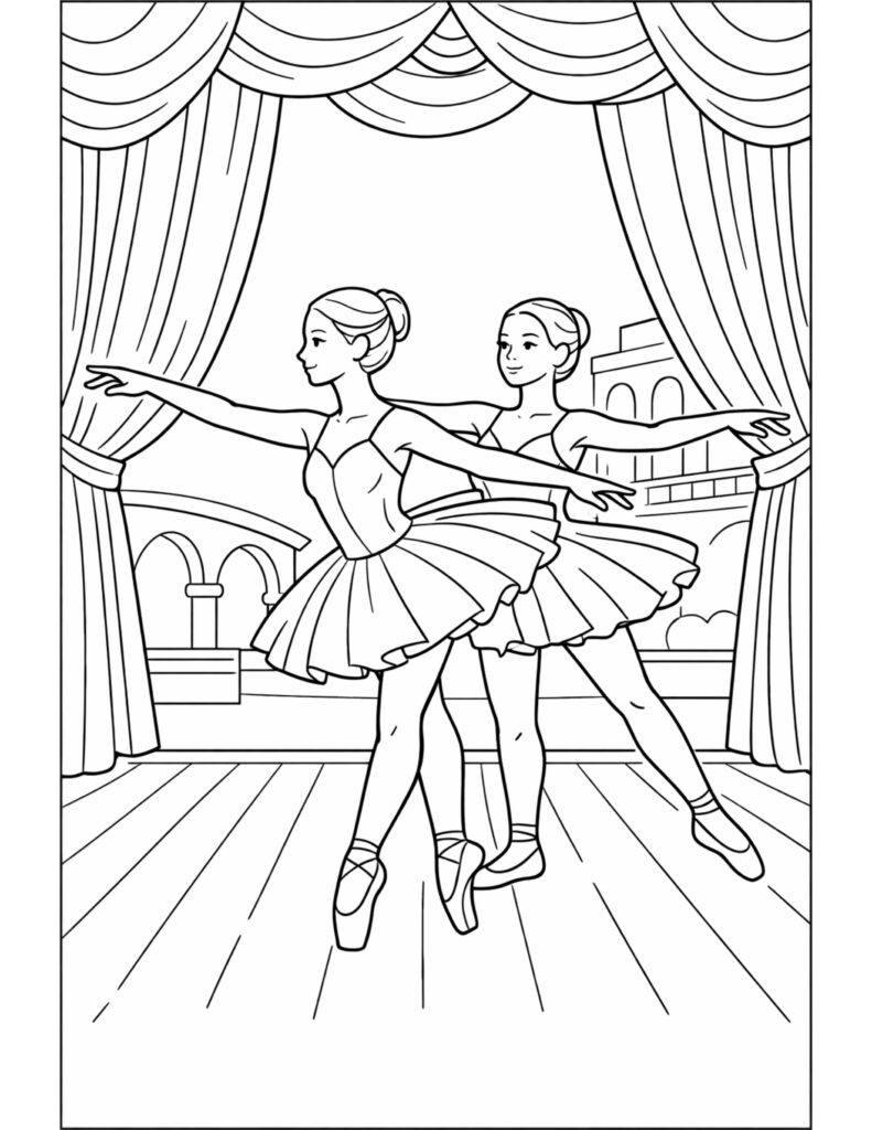 two ballerinas practicing on stage coloring page with theater curtains, tutus, and a wooden floor