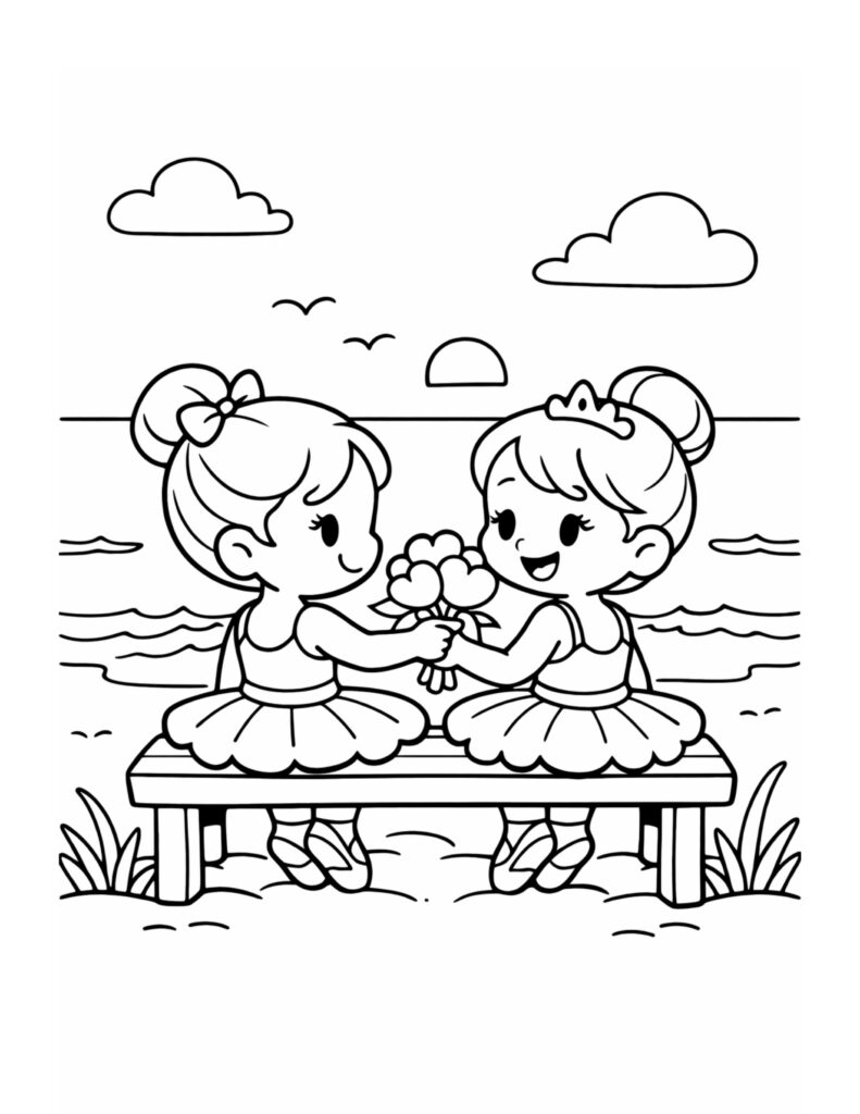 two ballerinas sharing beach flowers coloring page, two dancers on a bench by ocean waves at sunset coloring page
