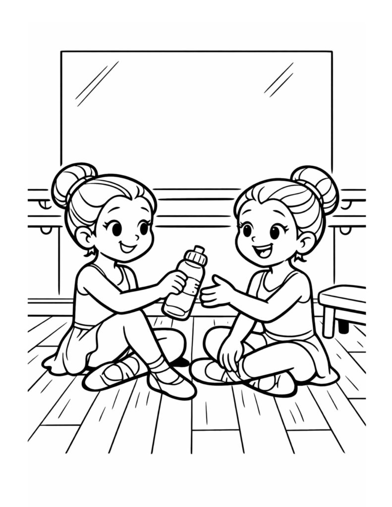 two ballerinas sharing water bottle coloring page in a ballet studio mirror moment coloring page
