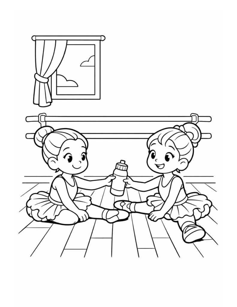 two ballerinas sharing water bottle coloring page, dancers sitting on studio floor by the barre, coloring page