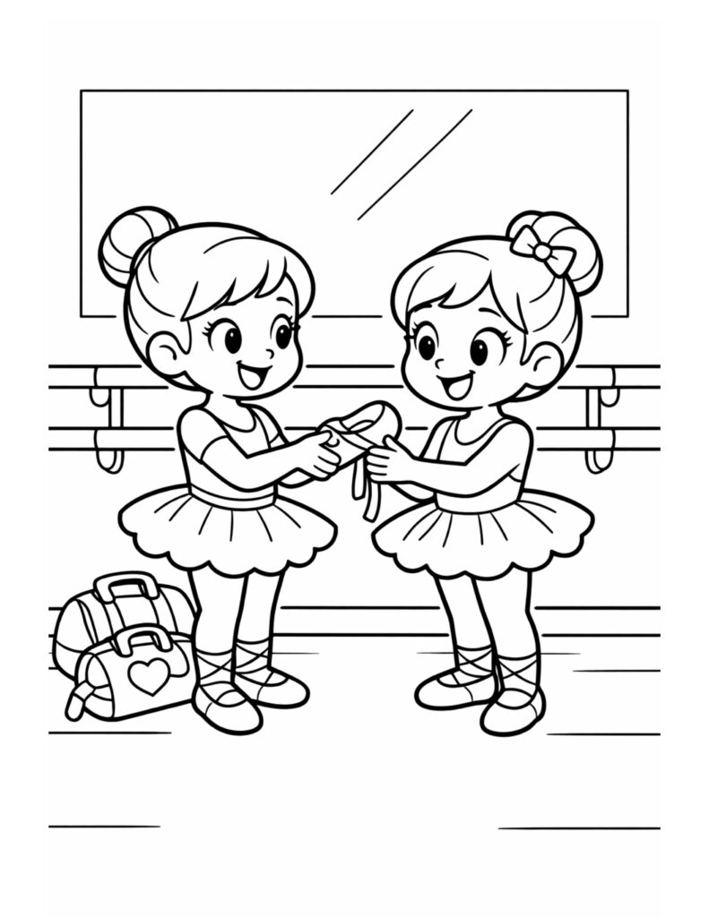 two ballerinas trading ballet shoes coloring page in a ballet studio with mirror and barre coloring page Image File Name:
