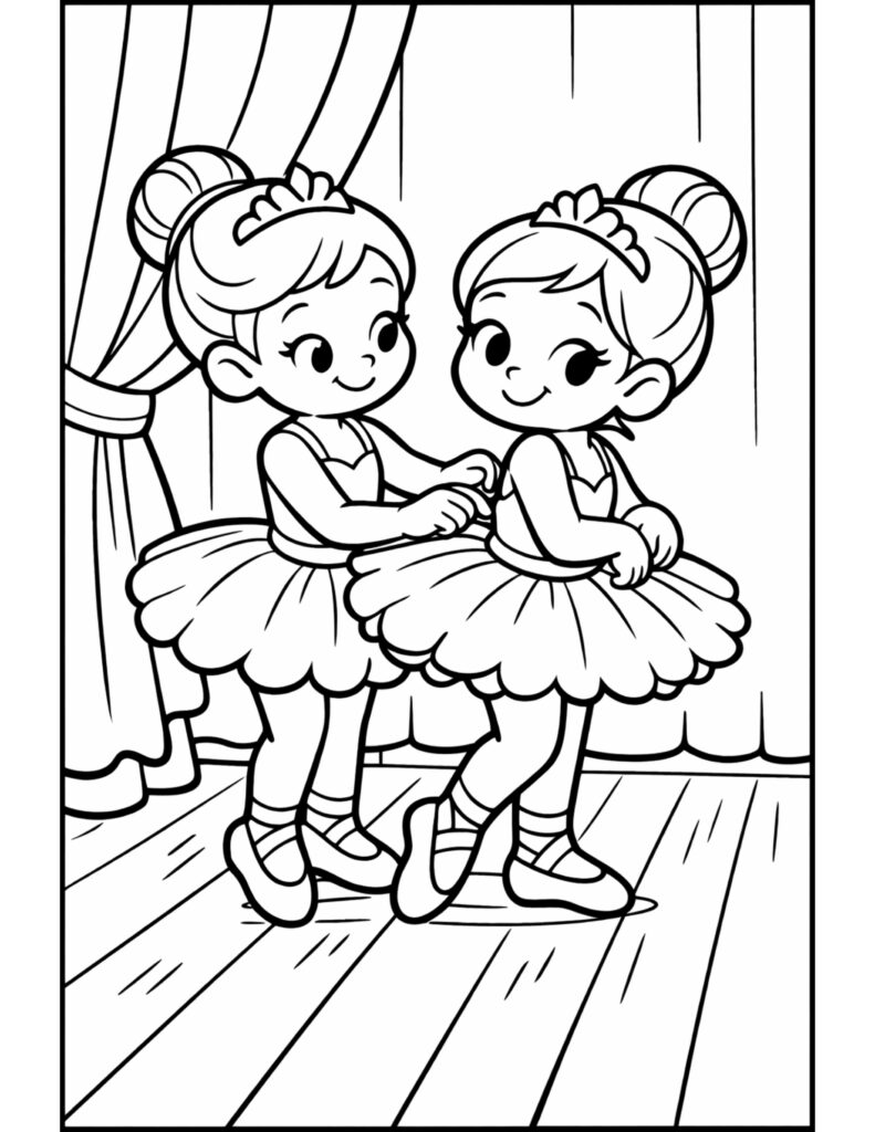 two ballerinas tying costume ribbon coloring page with tutus, tiaras, and a stage curtain, coloring page