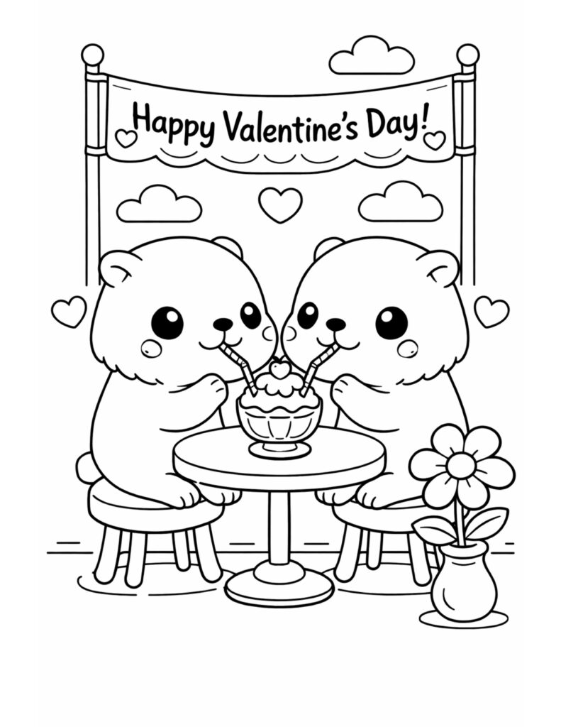 two bears valentines milkshake coloring page with a Happy Valentine’s Day banner, hearts, and a cute dessert drink coloring page