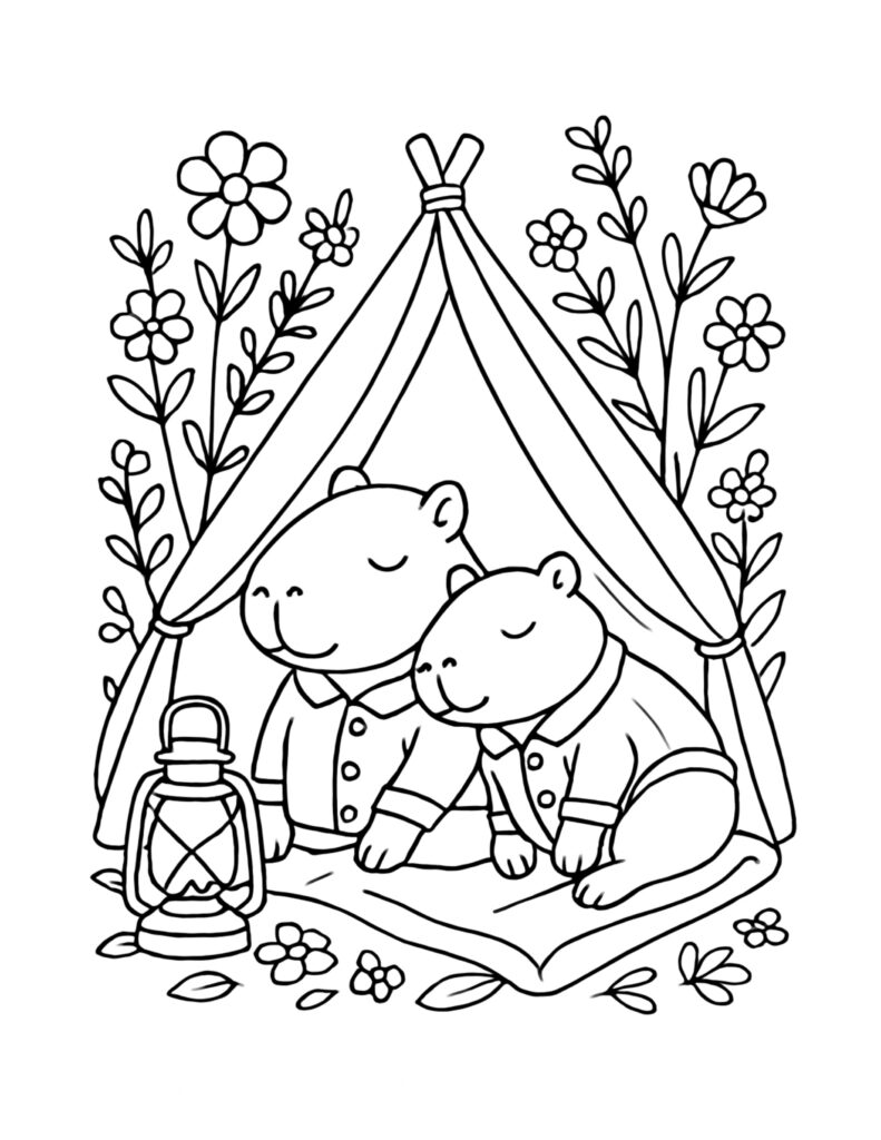 two capybaras sleeping in a flower tent coloring page with a lantern and wildflowers