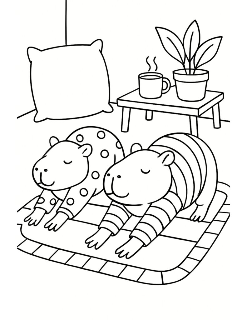 two capybaras stretching on a yoga mat coloring page with pajamas, tea mug, and plant, coloring page