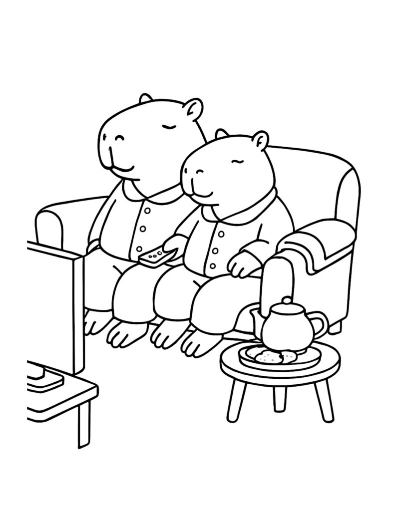 two capybaras watching tv on the couch coloring page with pajamas, remote, and tea table