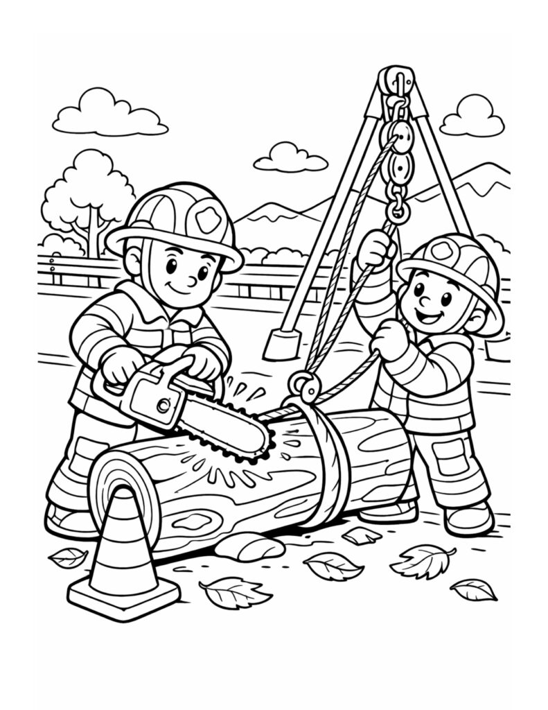 cartoon firefighters using a chainsaw and pulley outdoors, two firefighters cutting a log coloring page