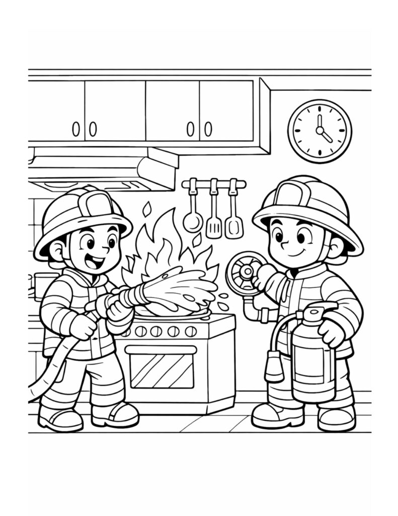 two firefighters spraying stove fire coloring page in a kitchen with hose, extinguisher, and stove flames coloring page