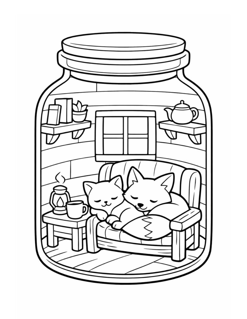 two foxes sleeping on couch coloring page inside a cozy jar cabin with lantern, shelves, and a window coloring page