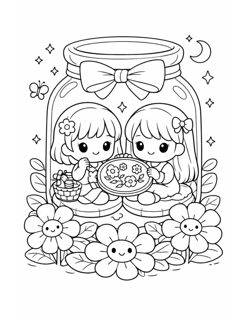 two girls stitching in jar coloring page with a big bow, moon, stars, butterfly, and smiling flowers coloring page