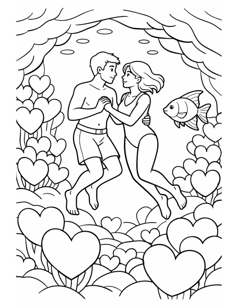 underwater couple dancing heart coral coloring page, two swimmers holding hands in a heart coral cave with bubbles coloring page