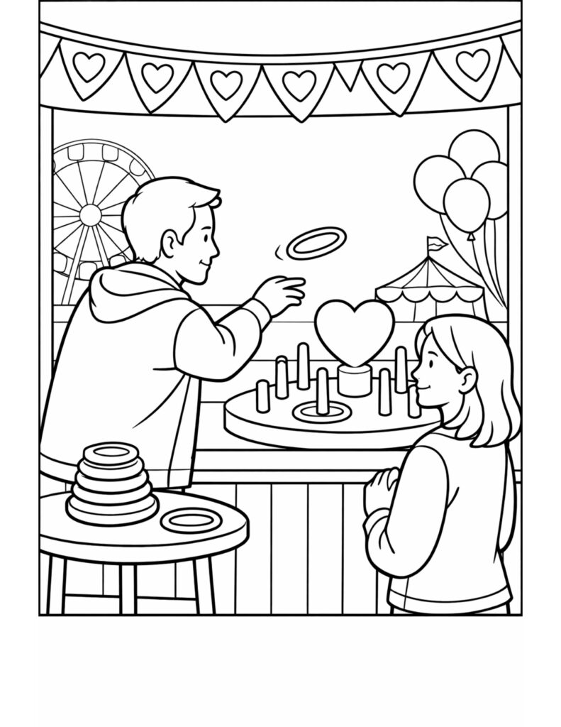 valentine ring toss booth coloring page with two kids playing at a heart decorated fair game