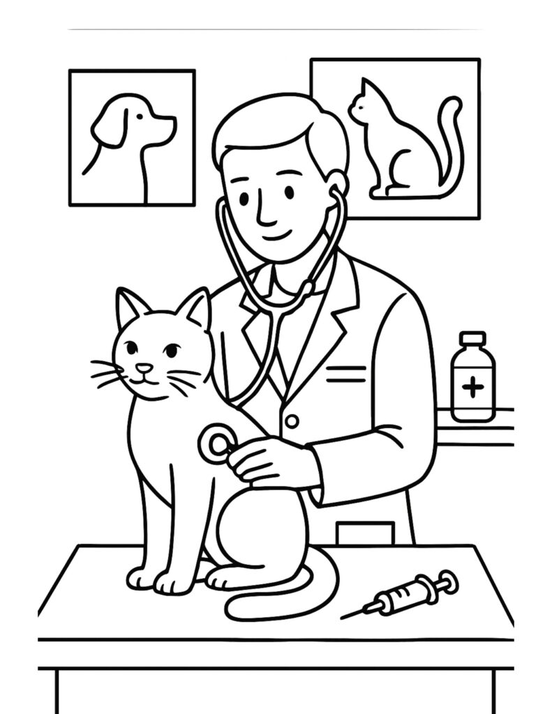 veterinarian checking cat heartbeat coloring page with a vet using a stethoscope on a calm cat on the table coloring page