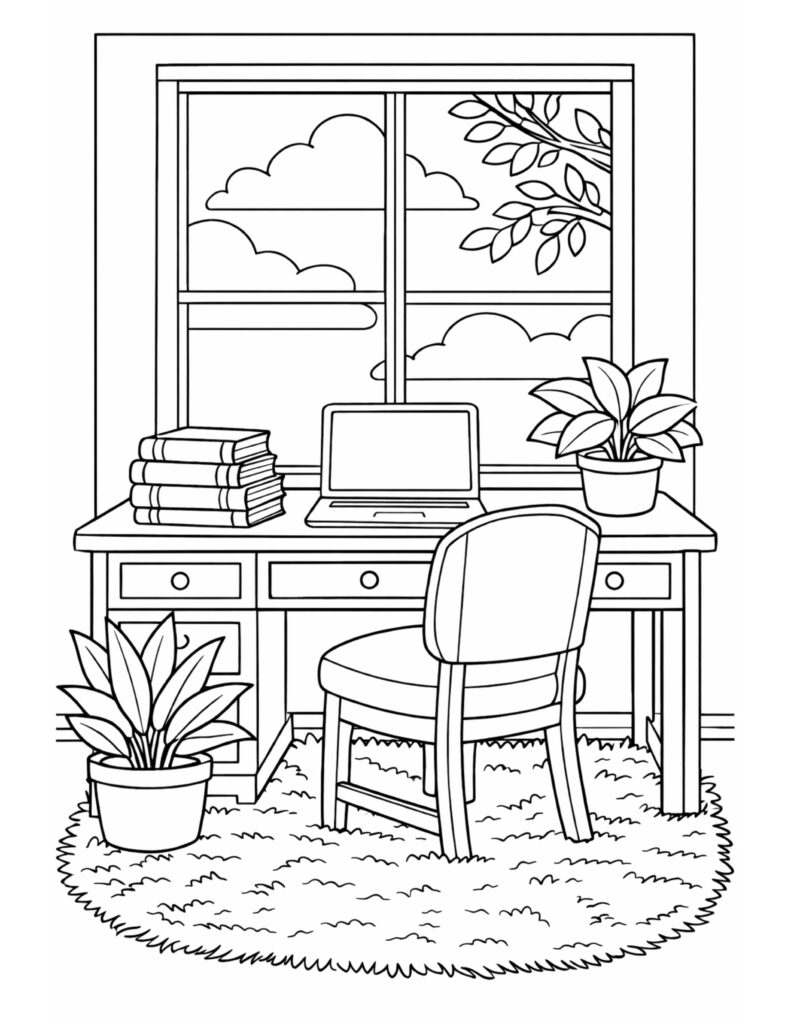 window desk with laptop coloring page with stacked books, plants, and a cloudy window view