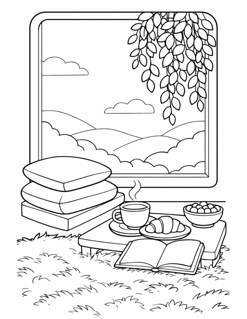 window nook breakfast and book coloring page with a big window view, low table, tea cup, croissant, berries, and open book coloring page