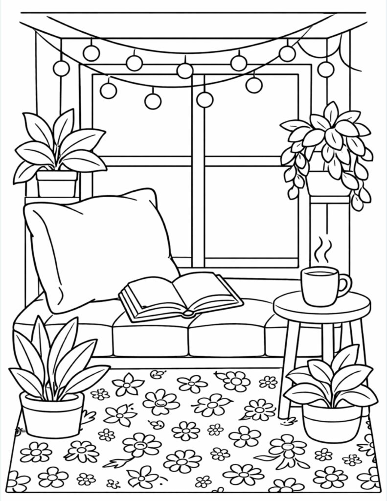 window seat reading nook coloring page with plants, open book, and string lights coloring page