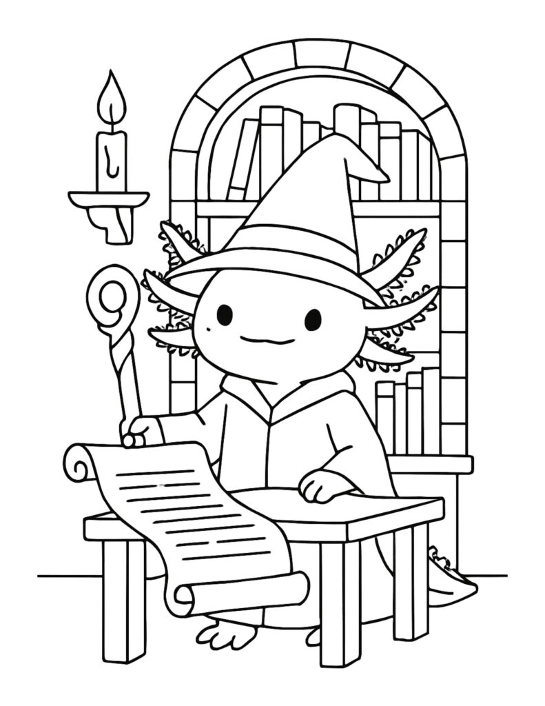 wizard axolotl writing a scroll coloring page at a desk with wand, candle, and books coloring page
