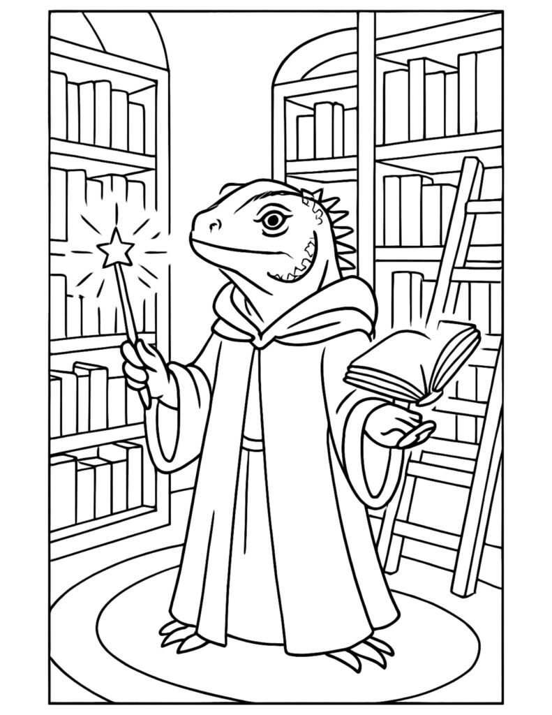 wizard lizard with wand bookshelves coloring page, robed lizard holding a star wand and open book in a library