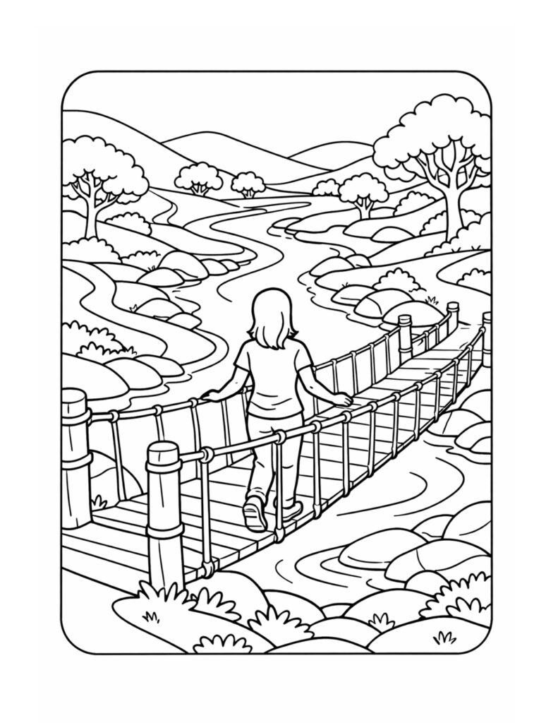woman crossing rope bridge coloring page with a walker on a suspension bridge over a winding river, hills, and trees coloring page