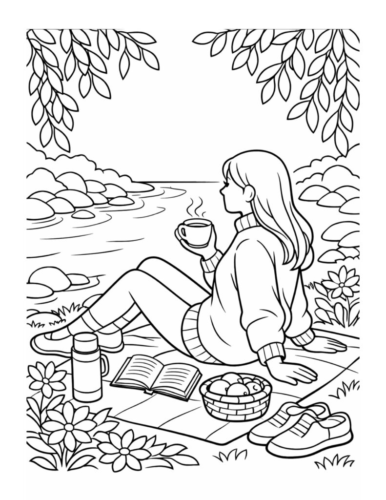 woman holding mug by river coloring page with picnic blanket, open book, basket, and flowers coloring page