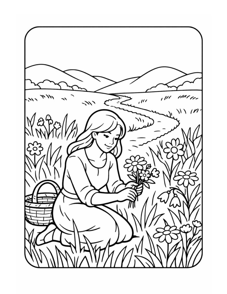woman picking wildflowers in meadow coloring page with a kneeling woman, flower basket, and winding trail, coloring page