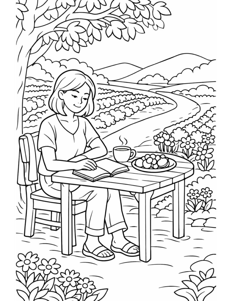 woman reading at garden table coloring page of a calm outdoor scene with a book, steaming mug, flowers, and hills coloring page