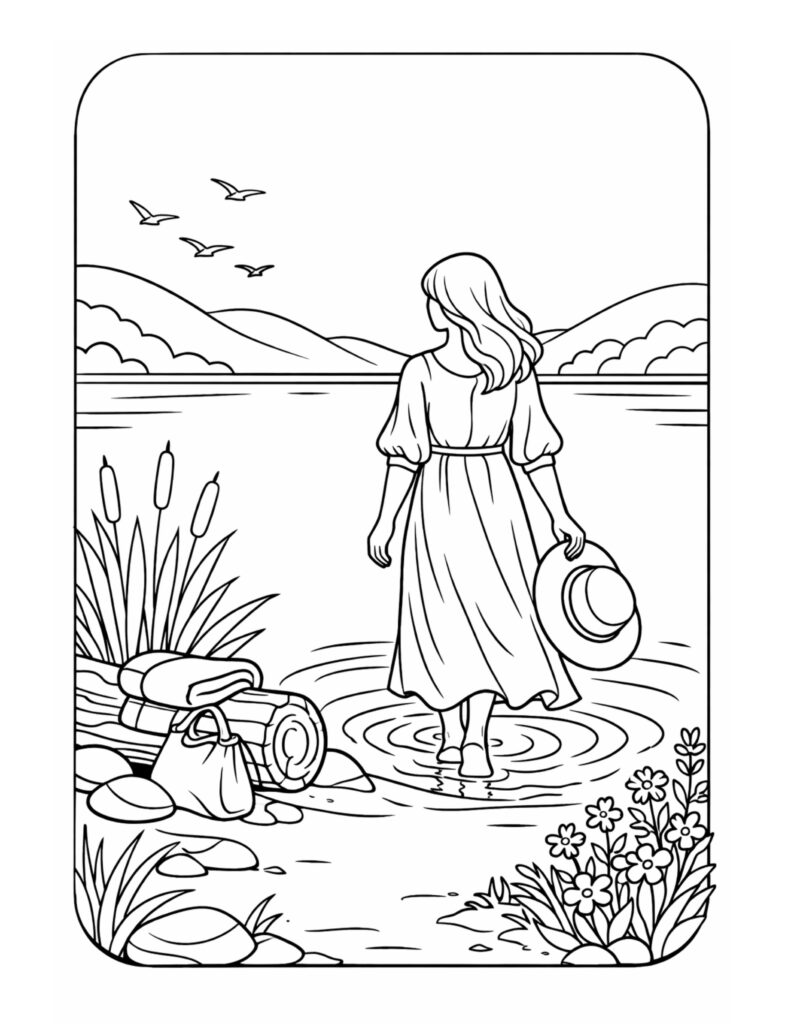 woman wading into lake coloring page with flowing dress holding a hat, birds overhead, and a picnic bag on shore coloring page